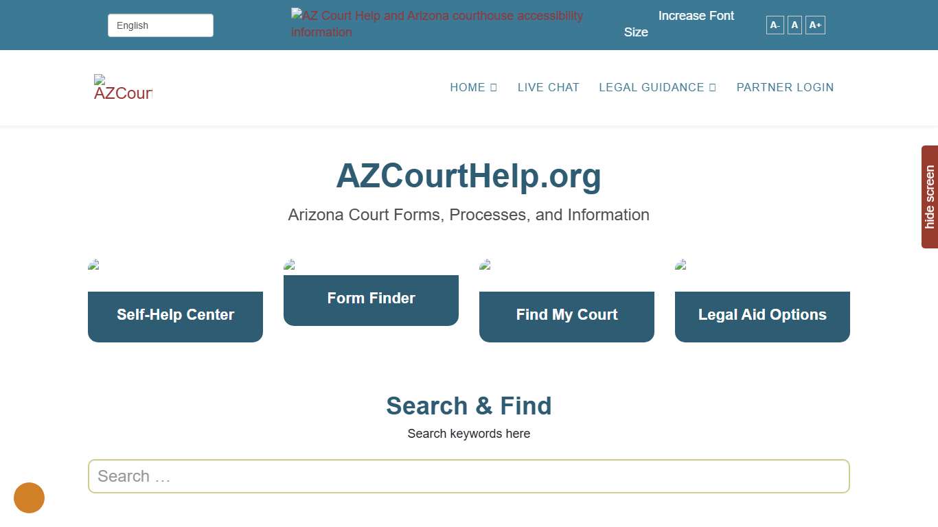 AZCourtHelp.org homepage that directs users to Arizona court resources